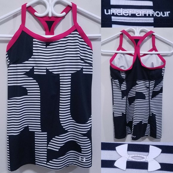 Under Armour Tank Top Size 6 Small White Black Striped Shirt Run Pink Magenta - Picture 1 of 9